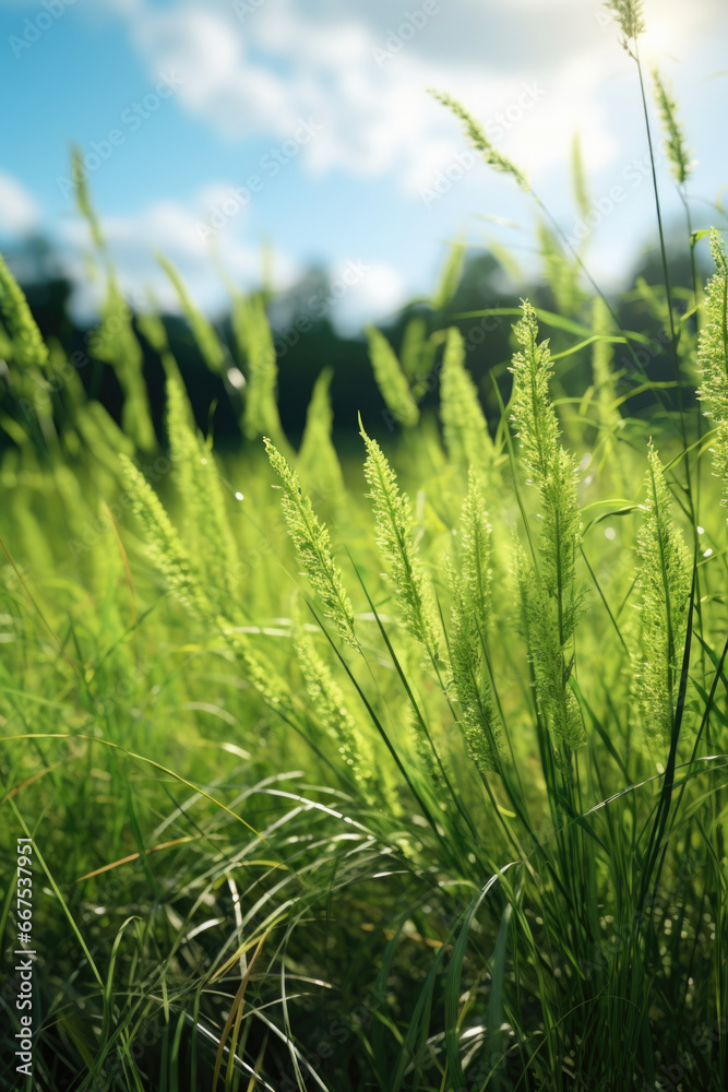 Poster a picturesque image of a field covered in tall grass with a beautiful blue sky in the background. pe