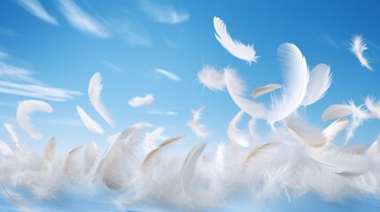 Feathers softly floating down against a backdrop of a bright blue sky with fluffy clouds.