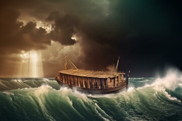 A stormy journey on Noah's Ark navigating the sea of faith. Generative AI - obrazy, fototapety, plakaty
