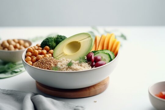 Nutritious bowl with quinoa, avocado, chickpeas, veggies on white wooden backdrop, promoting healthy eating. Generative AI