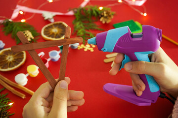 Step by step instruction how to make christmas deer from ice cream sticks. Step 3 glue sticks together. Children's New year handmade craft