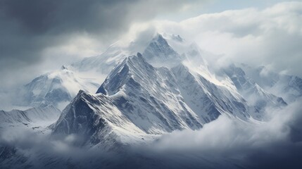 Fototapeta na wymiar Majestic mountains covered in snow, piercing through a blanket of clouds.