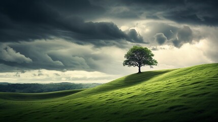 Rolling green hills under a dramatic sky, a lone tree standing defiantly against the winds.