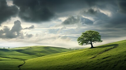 Rolling green hills under a dramatic sky, a lone tree standing defiantly against the winds.
