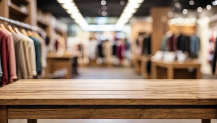 Empty wooden desk with blurred background of clothing store. - obrazy, fototapety, plakaty