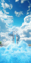 A thrilling water slide located in the middle of a serene body of water. Perfect for water park advertisements or summer vacation brochures