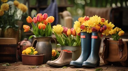 Rubber boots in a garden setting, with tools and fresh flowers around.