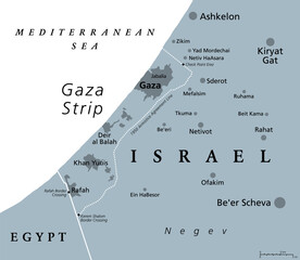 The Gaza Strip and surroundings, gray political map. Gaza, a self-governing Palestinian territory and narrow piece of land located on the coast of the Mediterranean Sea, bordered by Israel and Egypt.