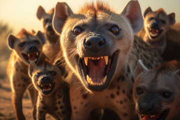 A group of hyenas standing together, showcasing their unique features and social behavior. Ideal for educational materials or wildlife documentaries