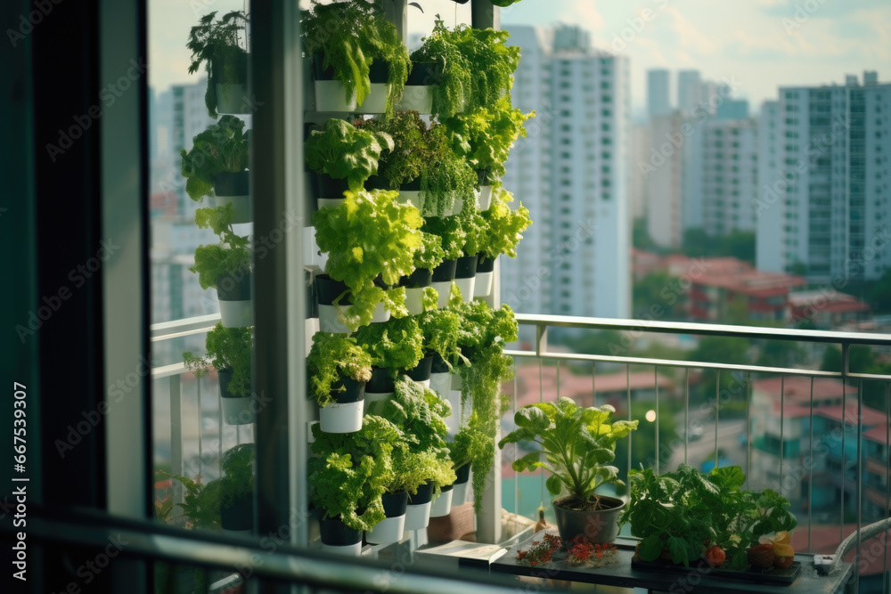 Poster a balcony adorned with a variety of thriving plants. perfect for adding a touch of greenery to any u