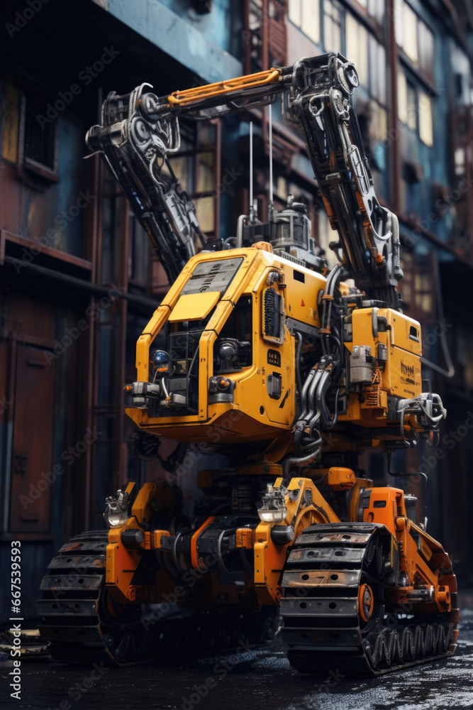 Poster a yellow and black construction vehicle parked in front of a building. this image can be used to sho