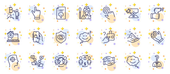 Outline set of Clapping hands, Cursor and Bitcoin project line icons for web app. Include Recruitment, Search puzzle, Skin care pictogram icons. Global business, Buying process. Vector