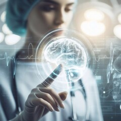 Doctor is using hologram of brain system in operating room generative ai illustration art