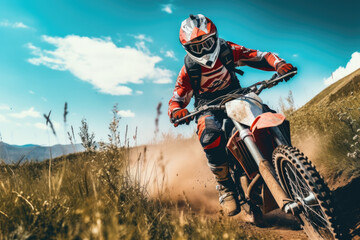 A picture of a man riding a dirt bike on a dirt road. Perfect for adventure or extreme sports-related projects