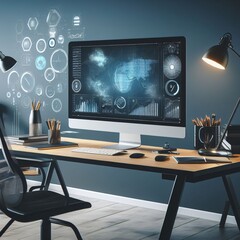 futuristic desk setup with holographic display
