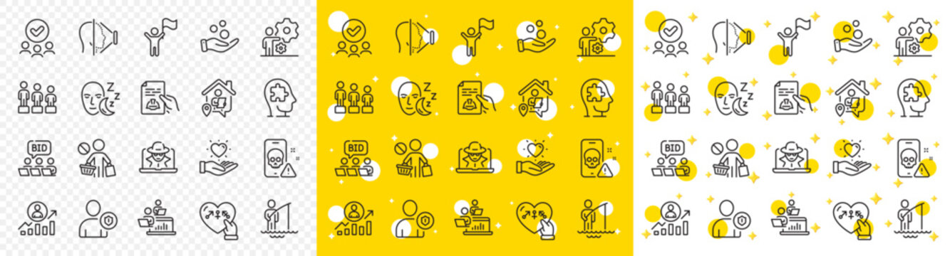 Outline Fraud, Technical documentation and Hold heart line icons pack for web with Stop shopping, Face id, Leadership line icon. Fisherman, Teamwork, Career ladder pictogram icon. Vector