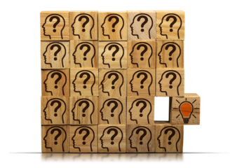 Concept of creative idea and innovation. Wooden blocks with many symbols with human heads and question marks and a wooden cube with a light bulb, isolated on white or transparent background. Png.