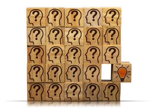 Concept of creative idea and innovation. Wooden blocks with many symbols with human heads and question marks and a wooden cube with a light bulb, isolated on white or transparent background. Png.