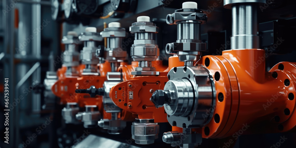 Poster a collection of valves mounted on a wall. this versatile image can be used to depict industrial proc
