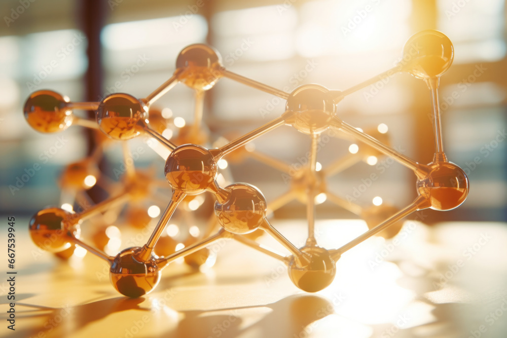 Poster A detailed close-up view of a model representing a molecule. This image can be used in various educational, scientific, and research contexts
