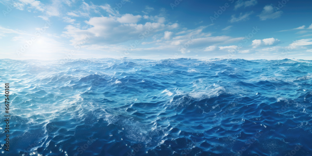 Poster A peaceful and calming image of a large body of water with fluffy clouds in the sky. This versatile picture can be used to create a serene atmosphere or to depict the beauty of nature.