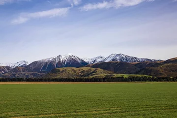 Foto op Canvas Picturesque outdoor landscape of a lush green grass field with snow-capped mountains in New Zealand © Wirestock