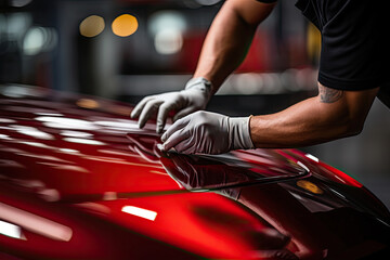 Car detailing series : Worker in protective gloves polishing a red car