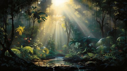 Obraz na płótnie Canvas The dynamic interplay of light and shadow as the sun pierces through a dense rainforest canopy.