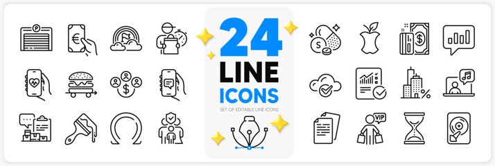 Icons set of Omega, Family insurance and Delivery man line icons pack for app with Hdd, Cloud computing, Music thin outline icon. Chat app, Payment, Mortgage pictogram. Sulfur mineral. Vector