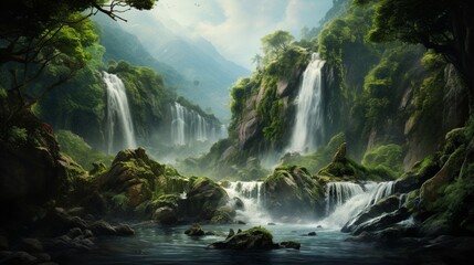 The fury and beauty of a cascading waterfall, surrounded by verdant vegetation.
