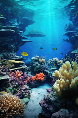 A vibrant coral reef teeming with a variety of fish. Perfect for underwater exploration and marine life enthusiasts