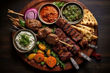 Traditional barbecue dishes from India, Pakistan, and the Arab region for dinner. Includes chicken tikka, malai boti, beef tikka, behari boti, roast leg of lamb, and chapli kabab. Generative AI - obrazy, fototapety, plakaty