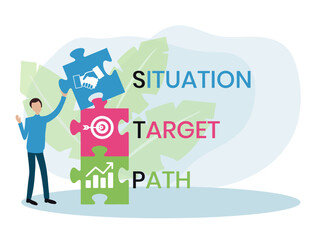 STP - situation target path. business concept background. vector illustration concept with keywords and icons. lettering illustration with icons for web banner, flyer, landing page, presentation