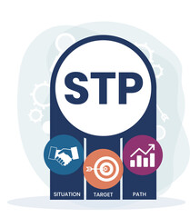 STP - situation target path. business concept background. vector illustration concept with keywords and icons. lettering illustration with icons for web banner, flyer, landing page, presentation