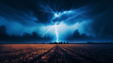 The raw power and beauty of a lightning bolt piercing the night, illuminating a vast plain.