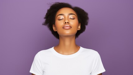 A fictional black woman with closed eyes and a white t-shirt. Isolated on a purple background. - obrazy, fototapety, plakaty