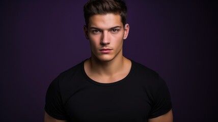 Fototapeta premium Handsome fictional muscular man portrait. Confident person wearing blank t-shirt isolated on a colored background. Generative AI.