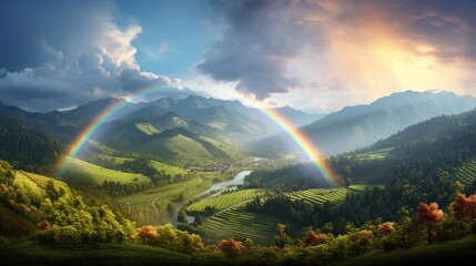 The stunning arc of a rainbow emerging after a brief rain over a lush valley.