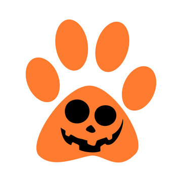 Logo pet friendly. Silueta de zarpa de perro o gato con cara de calabaza de Halloween para su uso en invitaciones y tarjetas