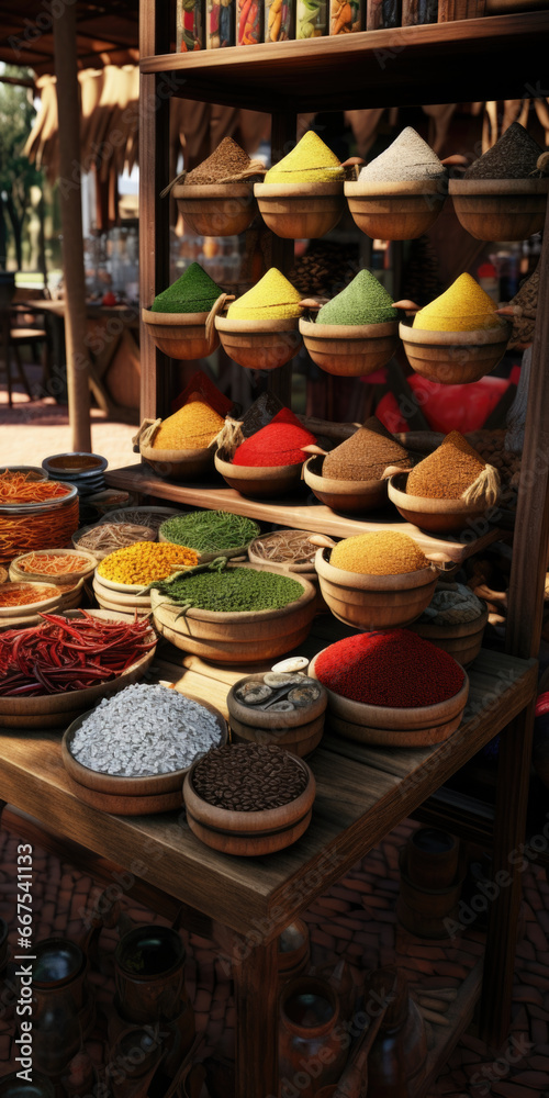Poster a collection of various spices neatly arranged on a wooden table. this image can be used to add flav