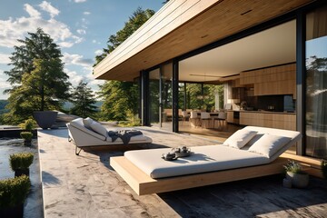 Fototapeta premium modern villa with open plan living and private bedroom wing with small terrace for relaxation
