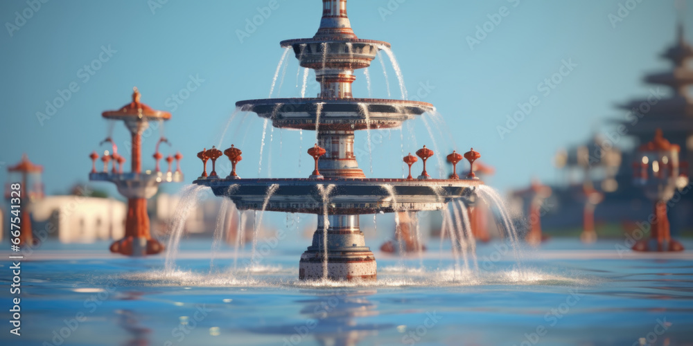 Poster A picture of a water fountain with a clock tower in the background. This image can be used to depict a cityscape or as a representation of time passing by