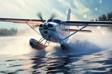 A small plane is seen flying over a body of water. This image can be used to depict aviation, travel, adventure, or recreational activities involving planes and water