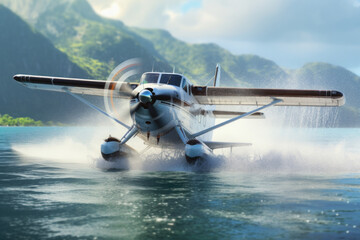 A small plane is seen flying over a serene body of water. This image captures the beauty of nature and the freedom of flight. Suitable for travel, adventure, or aviation-related projects