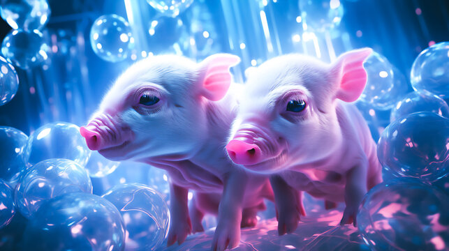 A captivating image showcasing the promising results of a breakthrough scientific research: piglets thriving in a pristine environment