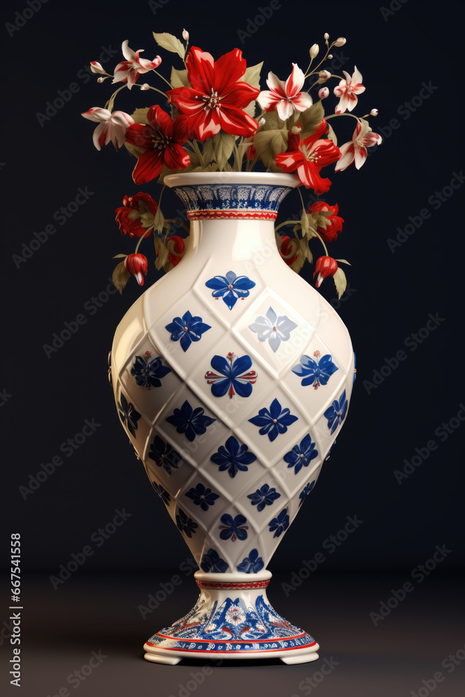Poster a beautiful blue and white vase filled with vibrant red flowers. perfect for adding a pop of color t