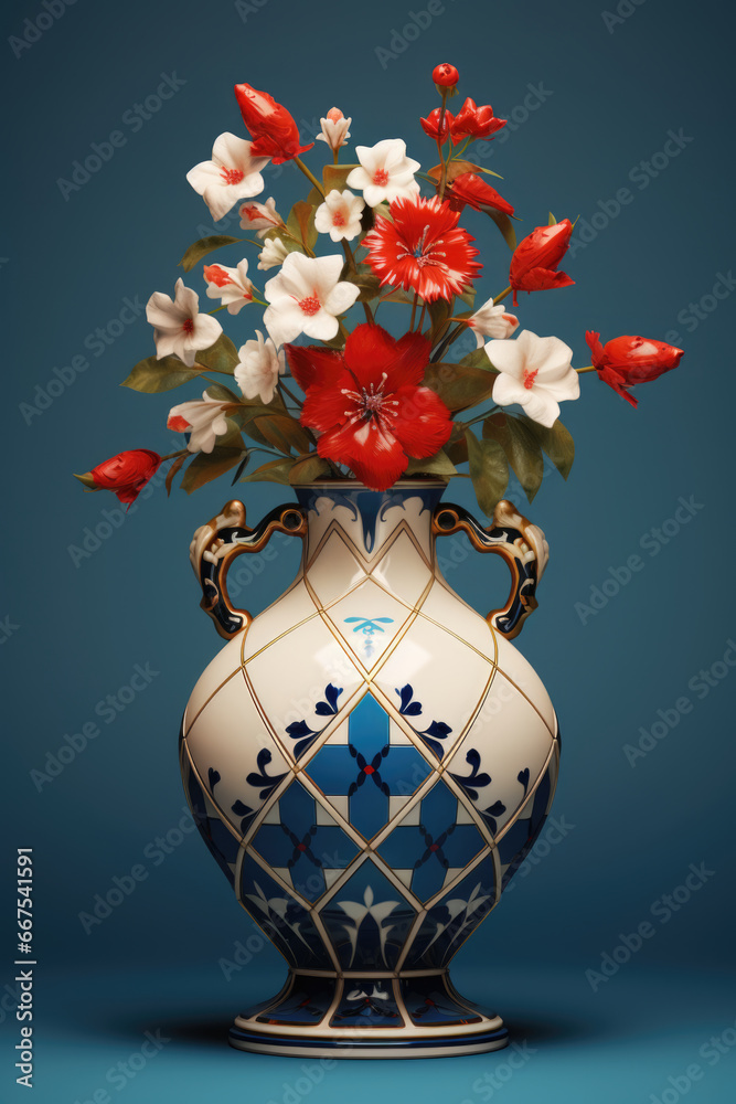 Poster a picture of a blue and white vase filled with vibrant red and white flowers. perfect for adding a p