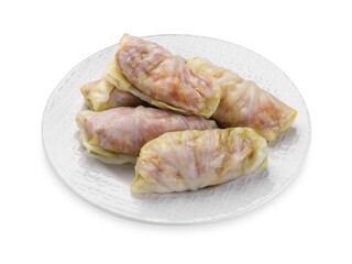 Uncooked stuffed cabbage rolls isolated on white