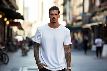 tatooed Male Latin model in a classic white cotton T-shirt and on a city street - obrazy, fototapety, plakaty