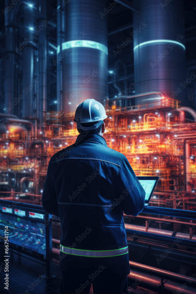 Poster a man wearing a hard hat is seen looking at a tablet. this image can be used to represent constructi